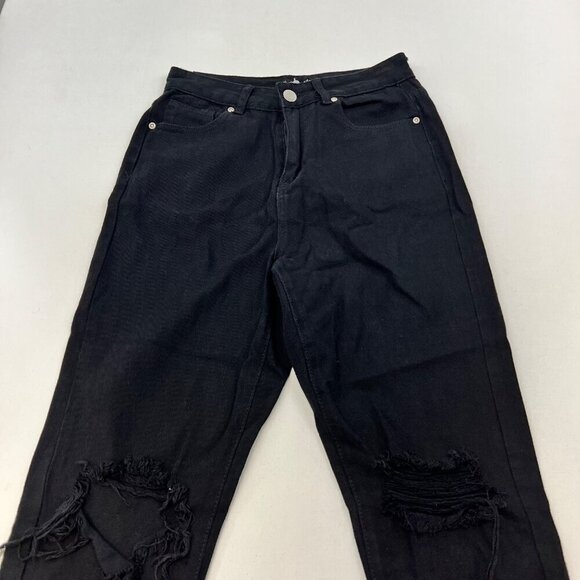 Boohoo Blue Womens Distressed Raw Hem Black Jeans Size 6 High Rise - Picture 2 of 9
